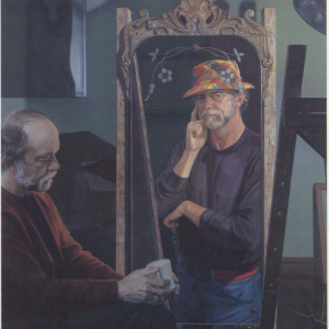 somber man in chair with reflection showing him thinking in a colorful hat