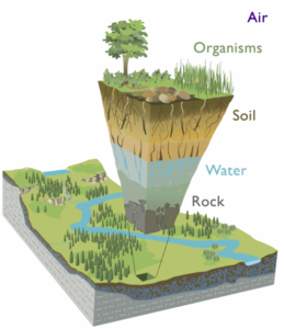 showing Earth's layers of air, organisms, soil, water, rock