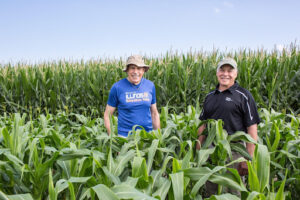Director Steven Long (left) and Deputy Director Donald Ort (right) standing in a corn field